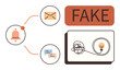 © robu_s - Alert bell, email, and message icons connected to fake text and tangled lightbulb concept. Ideal for fraud, misinformation, scam alert, false information, fake news, cybersecurity digital awareness