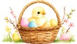 © ramangan - A charming chick sits amidst colorful eggs in a woven basket, surrounded by spring flowers.