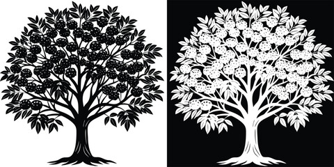 Stunning stylized tree laden with ripe fruit, presented in bold black and white contrast for versatile design use.