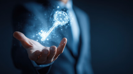 Wall Mural - digital key concept in business setting, representing security and access. glowing key symbolizes in