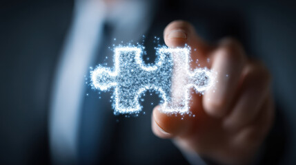 Wall Mural - person holding glowing puzzle piece symbolizes problem solving and innovation in business context. i