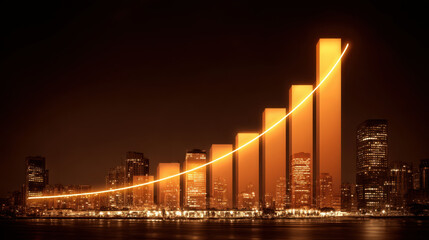 Wall Mural - city skyline at night with glowing upward trend graph, symbolizing growth and success in business. v