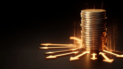 Wall Mural - stacked coins with glowing arrows radiating outward symbolize financial growth and investment opport
