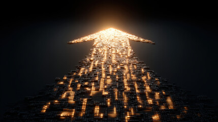 Wall Mural - glowing arrow made of digital particles points upward, symbolizing progress and innovation. bright l