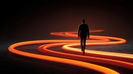 Wall Mural - man in suit walks along glowing, winding path of light in dark environment, symbolizing journey or p