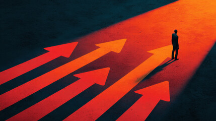 Wall Mural - person stands confidently in front of upward arrows, symbolizing growth and progress. contrasting co
