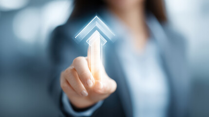 Wall Mural - business professional interacts with digital interface, showcasing glowing upward arrow symbolizing 