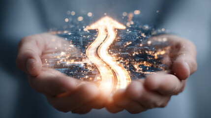 Wall Mural - person holds glowing, upward arrow symbolizing growth and progress, with cityscape in background. im