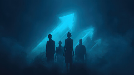 Wall Mural - image features silhouettes of four individuals standing in foggy environment, with glowing blue arro