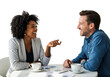 © Big Stock Market - Two business people are having a conversation at a table with coffee cups isolated on transparent background