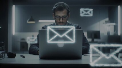 Focused man with glasses in dim office light typing on laptop, surrounded by glowing mail icons. Desktop stationery scattered across the desk and background.