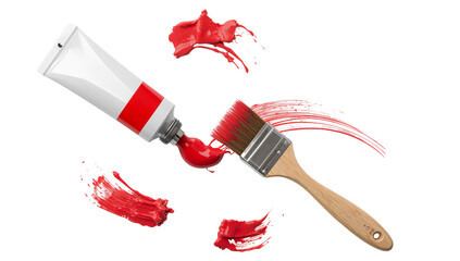 Wall Mural - Intense crimson paint cascading from tube onto brush, artistic expressions with transparent backdrop