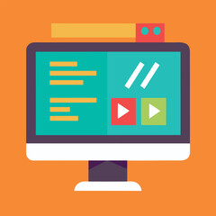 Flat vector illustration of a computer screen displaying coding symbols and data