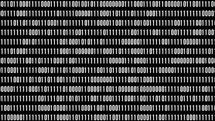 Binary code digital abstract background featuring streams of white ones and zeros on a black screen, representing data, programming, encryption, coding, machine language, algorithms.