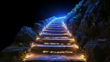 Luminous stone staircase ascending into darkness, flanked by rocks and vegetation