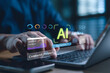 © Looker_Studio - Close-up hands typing on laptop with AI generation interface, showing command prompt, data processing, analytics dashboard and artificial intelligence technology in futuristic business concept.