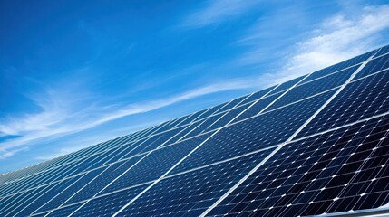 A solar panel array against a clear blue sky with white clouds.