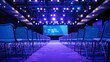 © Dara - A conference hall with rows of empty chairs and a stage with a screen in the background.