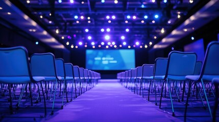A conference hall with rows of empty chairs and a stage with a screen in the background.