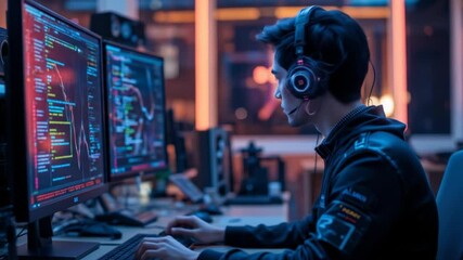 Focused programmer in a modern office codes with dual monitors, surrounded by advanced technology