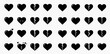 © Adji - A diverse set of black heart icons, illustrating emotions from complete love to shattered heartbreak and affection, arranged on a grid.