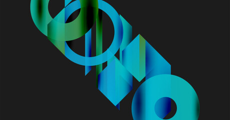 Wall Mural - Abstract geometric shapes overlap, creating vibrant blue, green gradients. Dark background emphasizes design elements. Modern, dynamic composition.