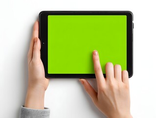 Woman?s hands use a digital tablet with chroma key green screen display on plain white surface background.