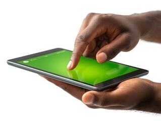 An African American man holds a tablet with green screen and touches the display on a white background view.