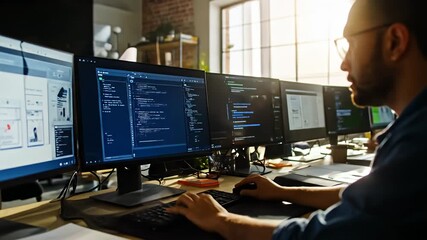 Programmer types code on keyboard in office with multiple screens, bathed in sunlight