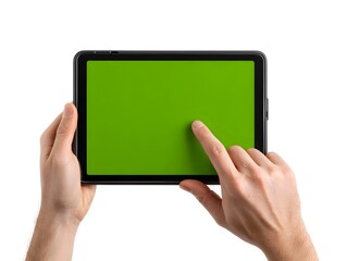 Caucasian hands interact with a green screen tablet for chroma keying isolated against a white background.