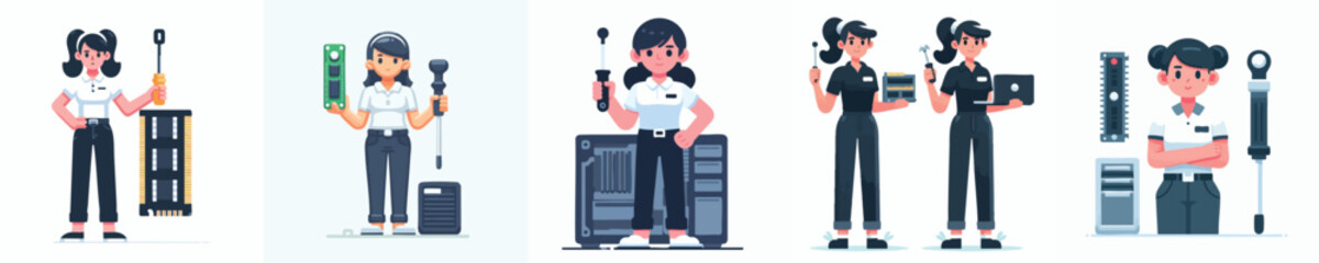 Female Computer Technician Vector – Woman IT Support with Tools, RAM, and PC Hardware in Flat Illustration