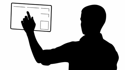 Silhouette of a person interacting with a digital tablet using their finger to navigate the screen interface