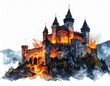 © rockastudio - Watercolor fortress ablaze, imposing silhouette against ethereal misty highlands
