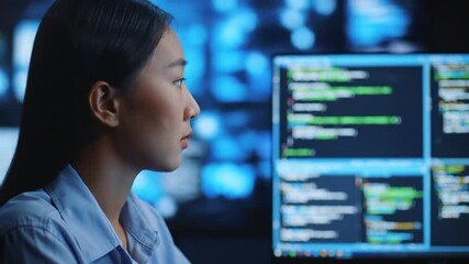 Asian woman programmer working on computer screen with code in a dark with modern office.
