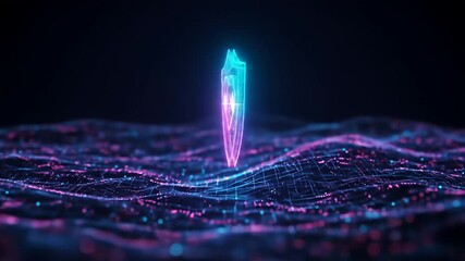 Neon glowing shield with heartbeat line rests on a surface of neon lines