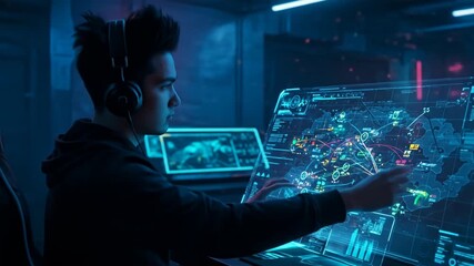 A young man in a dark room points at glowing futuristic digital displays and graphics