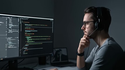 Man with headset stares at computer screen filled with code in dimly lit office