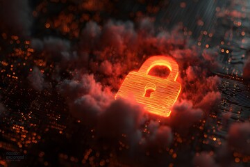 Wall Mural - a digital illustration of cloud security with an orange padlock and red glowing data stream on a dar