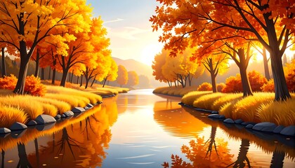 Wall Mural - Autumn River with Golden Trees, and Sunrise.