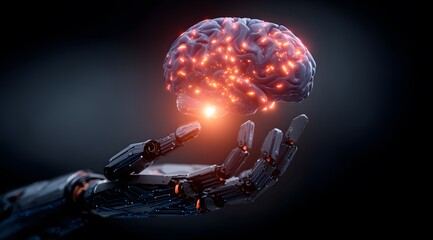 Wall Mural - A robotic hand holds out a glowing brain against a digital background, representing the concept of artificial intelligence.