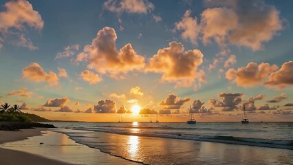 Wall Mural - cinematic 4k tropical seascape sunset video capturing vibrant glowing skies over calm waves at golden hour perfect travel tourism or inspirational natural landscape background projects