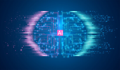 Artificial Intelligence illustration. Artificial intelligence and machine learning concept. Digital computer code. Data transfer concepts in internet.