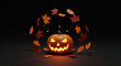 © Arcade - Glowing jack-o-lantern surrounded by swirling autumn leaves on a dark background for Halloween.