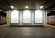 © Blue Rain - Ground-level view of three vertical billboard mockups on subway walls