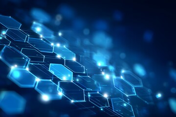 Wall Mural - Blue technology background with hexagons and lights, a vector illustration of digital elements for a business presentation or corporate banner design.