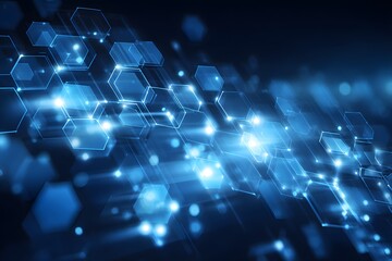 Wall Mural - Blue technology background with hexagons and lights, a vector illustration of digital elements for a business presentation or corporate banner design.