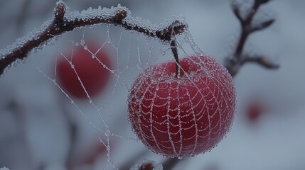 Winter's Ephemeral Jewel: A Red Apple Veiled in a Frozen Spiderweb