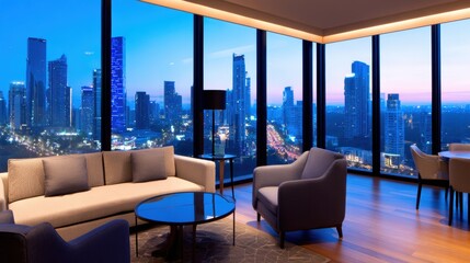 Wall Mural - Modern lounge area with city skyline view at dusk, showcasing elegant furniture and urban ambiance
