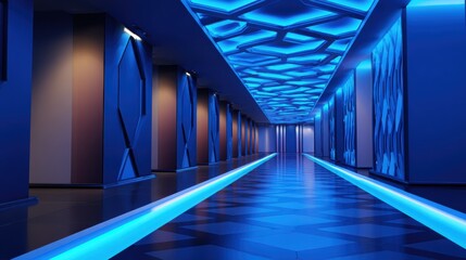 Wall Mural - futuristic hallway with glowing blue lights and geometric patterns, creating a modern ambiance