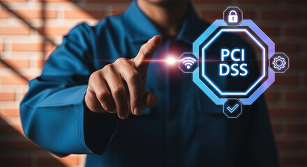 Person touches PCI DSS icon with technology elements on futuristic screen